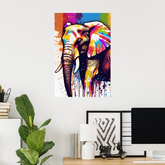 Safari Elephant Art, Rainbow Paint Spritzer Wall Poster (Heimbüro)