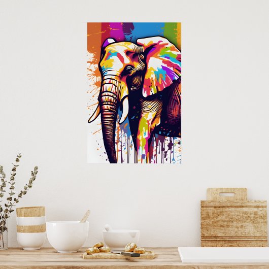 Safari Elephant Art, Rainbow Paint Spritzer Wall Poster (Küche)