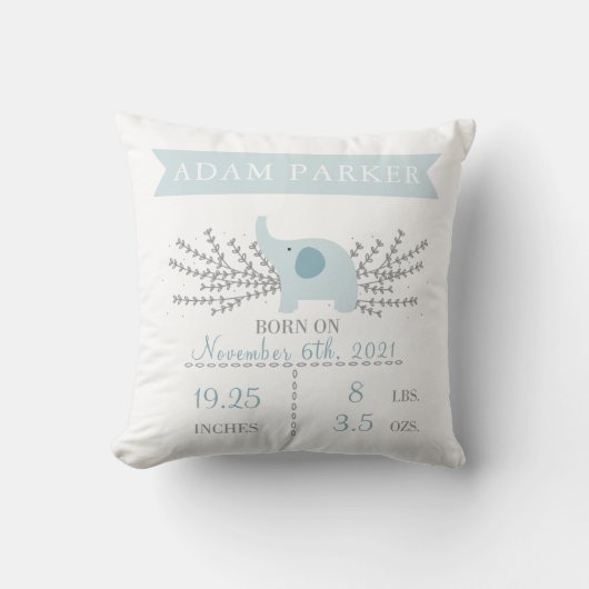 Safari Elephant Birth Announcement Stats Pillow Kissen (Vorderseite)