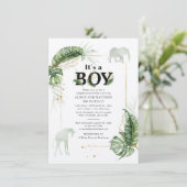 Safari Elephant Giraffe Botanical Boy Baby Dusche Einladung (Stehend Vorderseite)