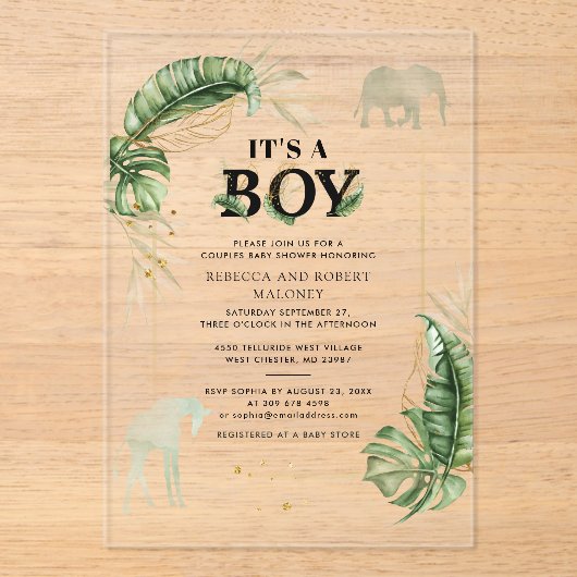 Safari Elephant Giraffe Boy Baby Dusche Acryleinladungen (Vorderseite)