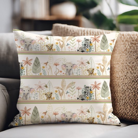 Safari Elephant Lion Zebra Jungle Foliage Baby Boy Kissen