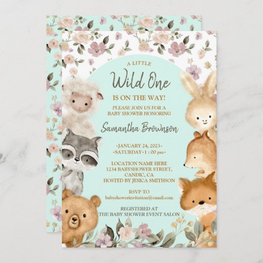 Safari Farm Animal Bear Fox Rabbit Raccoon blue Einladung (Vorne/Hinten)