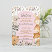 Safari Farm Animal Bear Fox Rabbit Raccoon pink Einladung (Stehend Vorderseite)