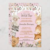 Safari Farm Animal Bear Fox Rabbit Raccoon pink Einladung (Vorne/Hinten)