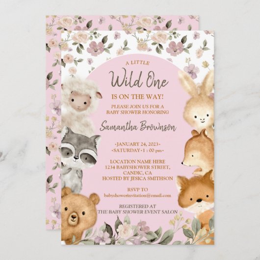 Safari Farm Animal Bear Fox Rabbit Raccoon pink Einladung (Vorne/Hinten)