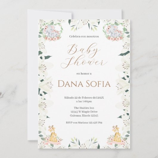 Safari floral Spanish Baby Shower Girl invitation Einladung (Vorderseite)