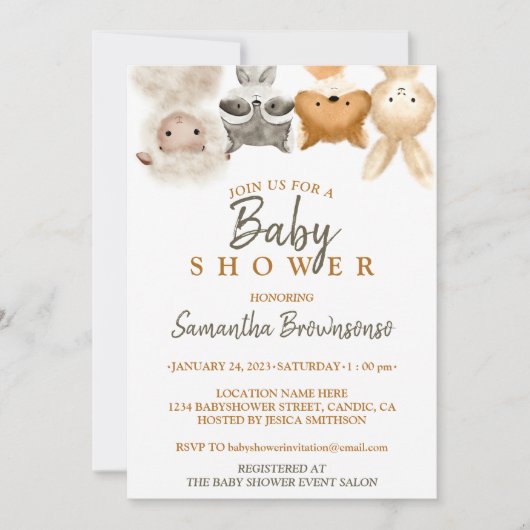 Safari Forest Animal Sheep Raccoon Fox Rabbit Baby Einladung (Vorderseite)