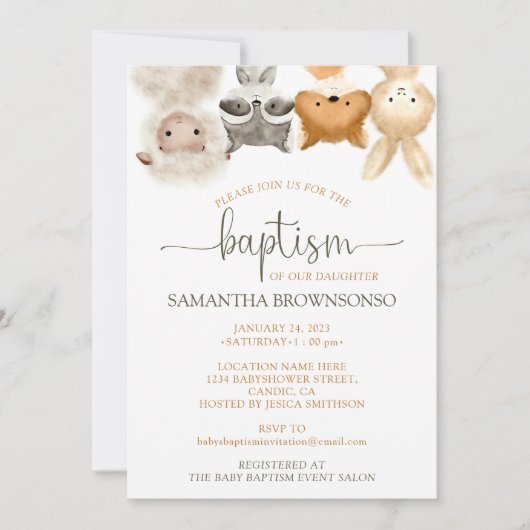 Safari Forest Farm Süße Tier Baby Taufe Einladung (Vorderseite)