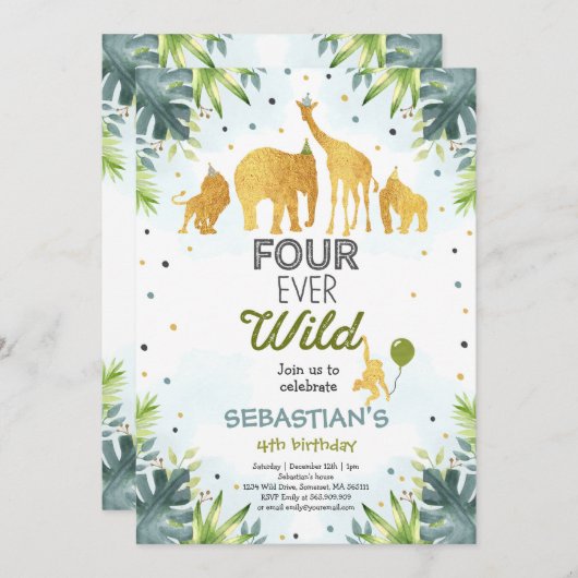 Safari Four Ever Wild Birthday Einladung Green (Vorne/Hinten)