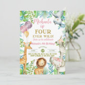 Safari Fourever Wild Mädchen 4. Geburtstag Einladu Einladung (Stehend Vorderseite)