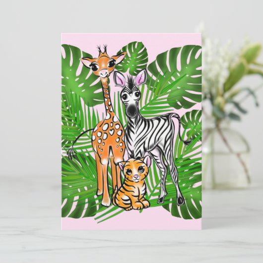 Safari-Freunde, Giraffe, Zebra, Tiger, Palm-Blätte Einladung (Stehend Vorderseite)