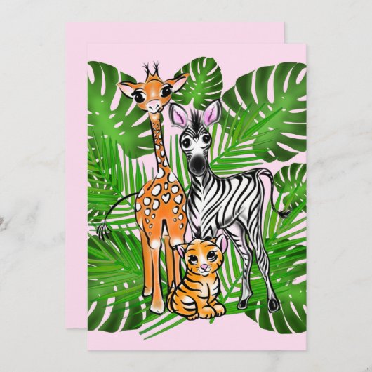 Safari-Freunde, Giraffe, Zebra, Tiger, Palm-Blätte Einladung (Vorne/Hinten)