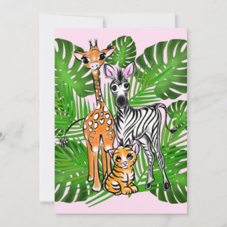 Safari-Freunde, Giraffe, Zebra, Tiger, Palm-Blätte Einladung
