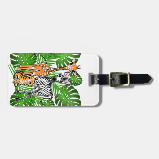 Safari-Freunde, Giraffe, Zebra, Tiger, Palm-Blätte Gepäckanhänger (Vorderseite horizontal)