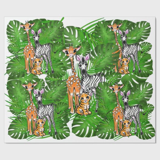 Safari-Freunde, Giraffe, Zebra, Tiger, Palm-Blätte Geschenkpapier (Flach)