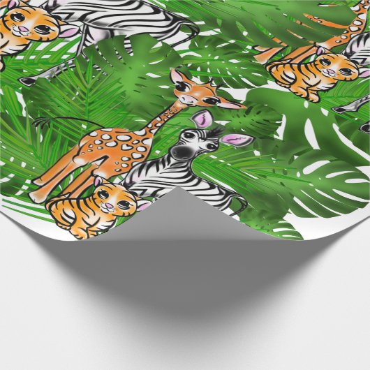 Safari-Freunde, Giraffe, Zebra, Tiger, Palm-Blätte Geschenkpapier (Ecke)