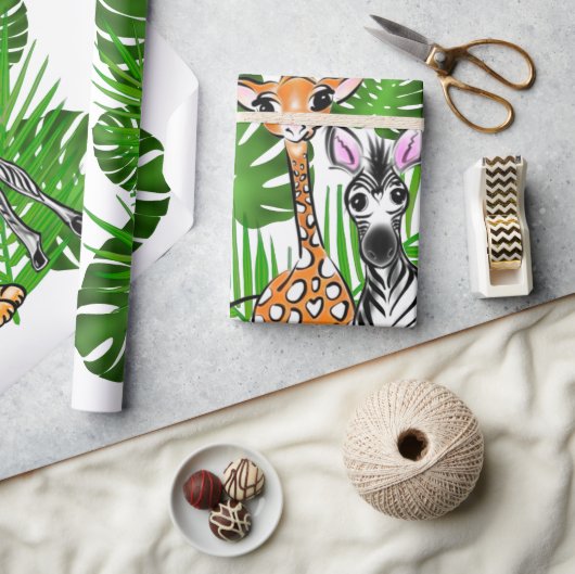 Safari-Freunde, Giraffe, Zebra, Tiger, Palm-Blätte Geschenkpapier (Kunsthandwerk)