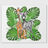 Safari-Freunde, Giraffe, Zebra, Tiger, Palm-Blätte Geschenkpapier (Flach)
