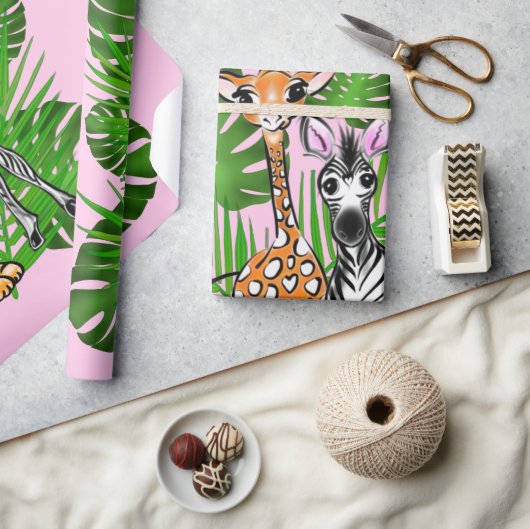 Safari-Freunde, Giraffe, Zebra, Tiger, Palm-Blätte Geschenkpapier (Kunsthandwerk)