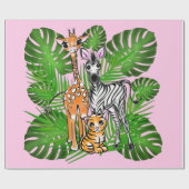 Safari-Freunde, Giraffe, Zebra, Tiger, Palm-Blätte Geschenkpapier (Flach)