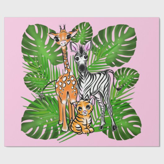 Safari-Freunde, Giraffe, Zebra, Tiger, Palm-Blätte Geschenkpapier (Flach)