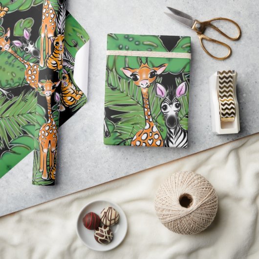 Safari-Freunde, Giraffe, Zebra, Tiger, Palm-Blätte Geschenkpapier (Kunsthandwerk)