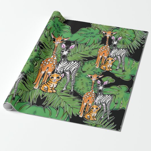 Safari-Freunde, Giraffe, Zebra, Tiger, Palm-Blätte Geschenkpapier (Ungerollt)
