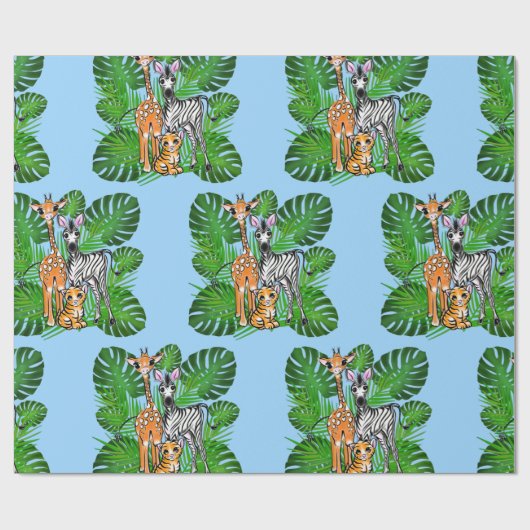 Safari-Freunde, Giraffe, Zebra, Tiger, Palm-Blätte Geschenkpapier (Flach)
