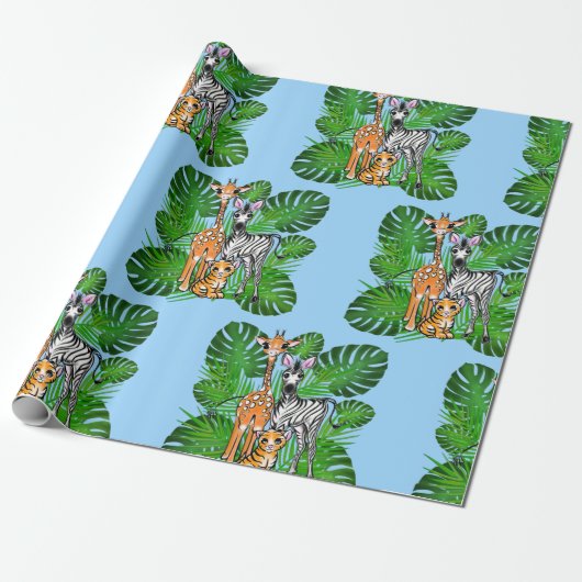 Safari-Freunde, Giraffe, Zebra, Tiger, Palm-Blätte Geschenkpapier (Ungerollt)