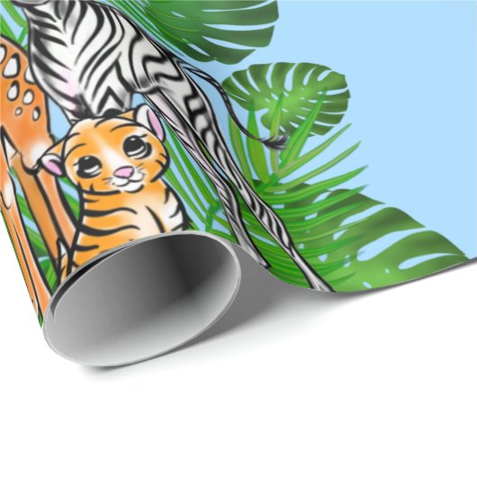 Safari-Freunde, Giraffe, Zebra, Tiger, Palm-Blätte Geschenkpapier (Rolleneckpunkt)