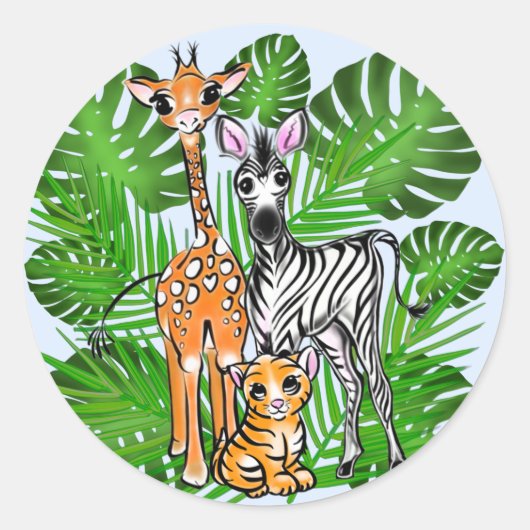 Safari-Freunde, Giraffe, Zebra, Tiger, Palm-Blätte Runder Aufkleber (Vorderseite)