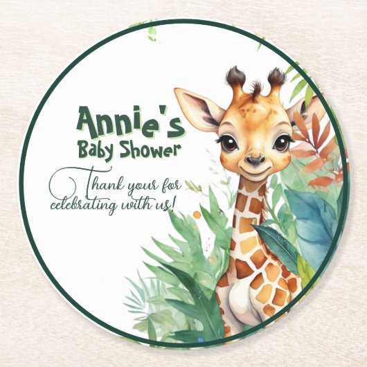 Safari Giraffe Baby Dusche Green Runder Pappuntersetzer (Vorderseite)