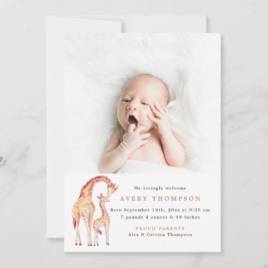 Safari Giraffe Baby Foto Geburtshinweise Einladung (Vorderseite)