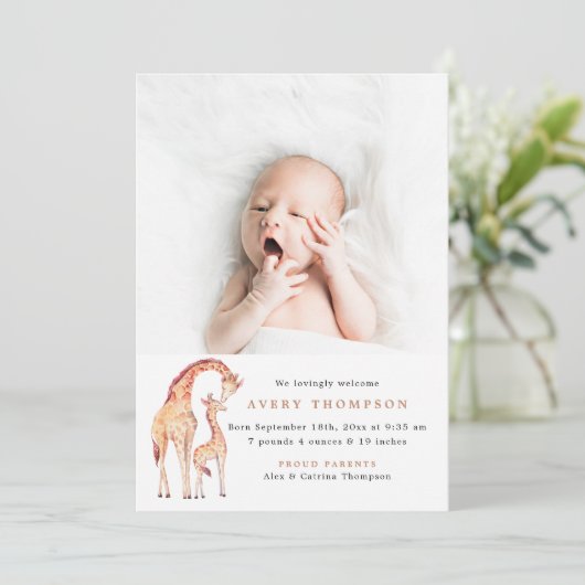 Safari Giraffe Baby Foto Geburtshinweise Einladung (Stehend Vorderseite)