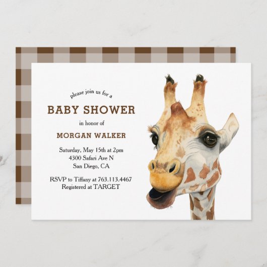 Safari Giraffe Gender Neutral Baby Duwer Einladung (Vorne/Hinten)
