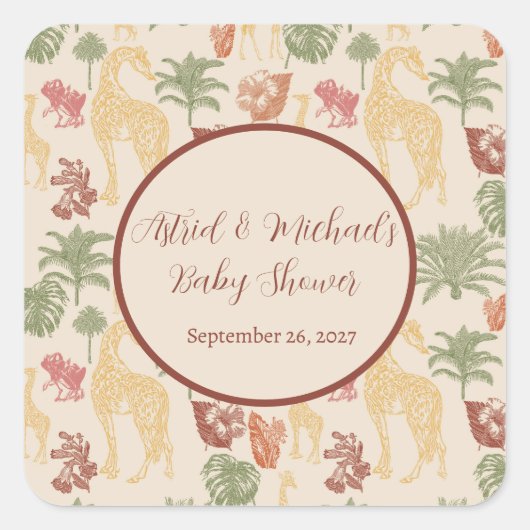 Safari Giraffe & Palm Blätter Kinderdusche Gefalle Quadratischer Aufkleber (Vorderseite)