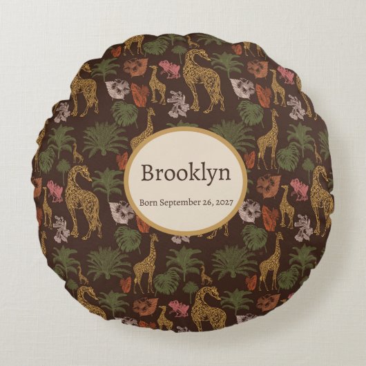 Safari Giraffe & Tropical Blätter Kinderzimmer Rundes Kissen (Vorderseite)