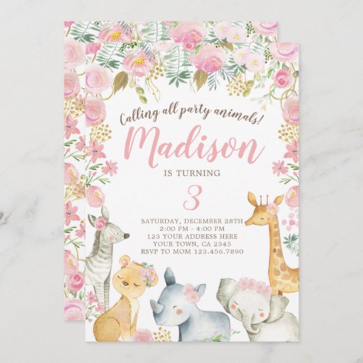 Safari Girl Birthday Einladung (Vorne/Hinten)