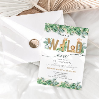 Safari Greenery Wild One Boy 1. Geburtstag Foto Einladung