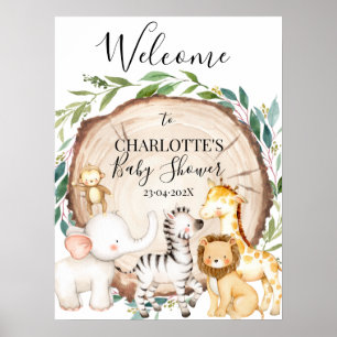 Safari Greenery Wood Slice Baby Dusche Willkommen Poster