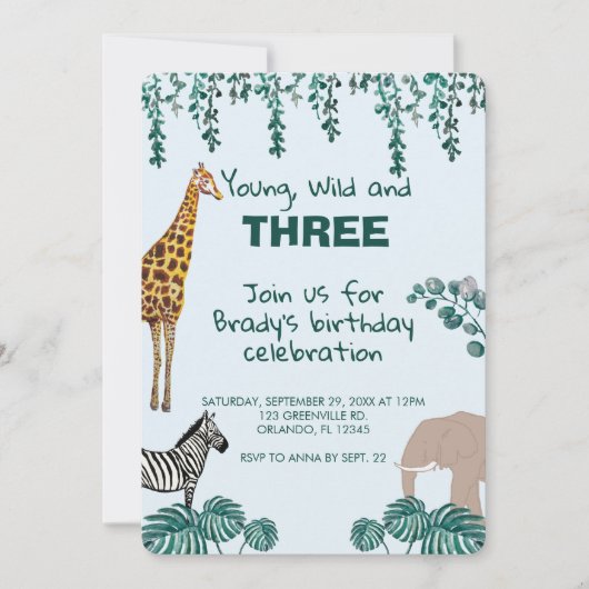 Safari Jungle Animal Dritte Geburtstagseinladung Einladung (Vorderseite)