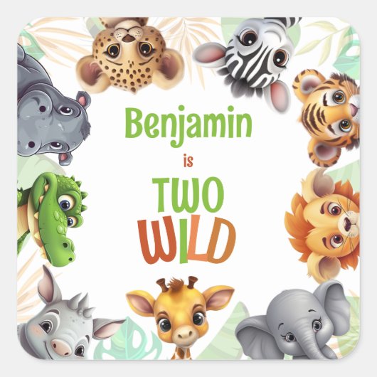 Safari Jungle Animal Kid's Two Wild Birthday Party Quadratischer Aufkleber (Vorderseite)