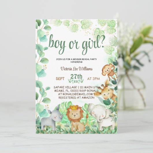 Safari Jungle Animal Watercolor - Geschlecht Einladung (Stehend Vorderseite)
