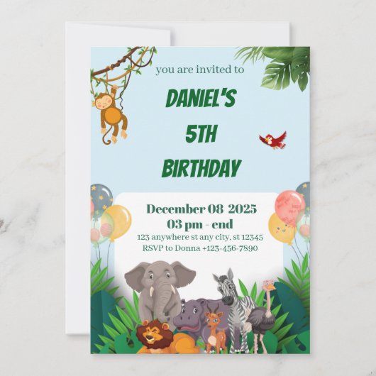 Safari Jungle Animal zum Geburtstag Einladung für  (Vorderseite)