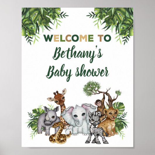 Safari Jungle Animals Baby Dusche Begrüßungszeiche Poster (Vorne)