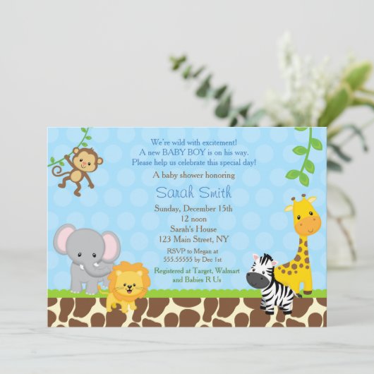 Safari Jungle Animals Baby Shower Einladungen Jung (Stehend Vorderseite)