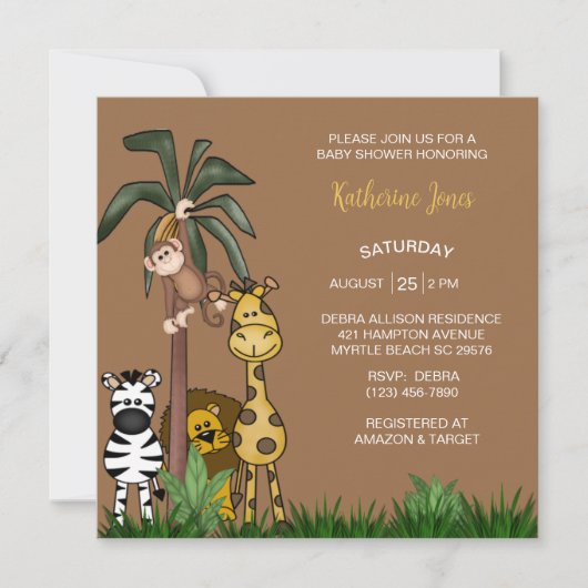 Safari Jungle Animals Boy Baby Shower Einladung (Vorderseite)