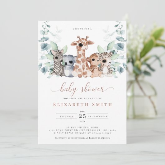Safari Jungle Animals Eucalyptus Baby Dusche Einladung (Stehend Vorderseite)