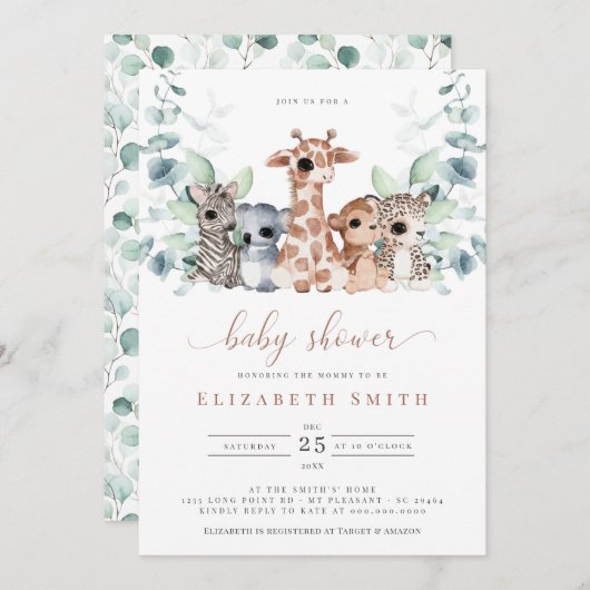 Safari Jungle Animals Eucalyptus Baby Dusche Einladung (Vorne/Hinten)